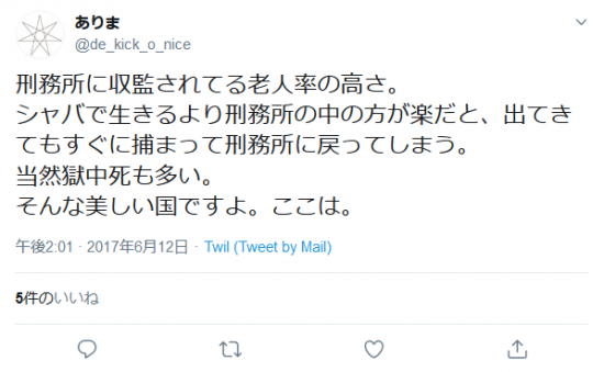 Screenshot_2019-10-27 ありまさんはTwitterを使っています 「刑務所に収監されてる老人率の高さ。 シャバで生きるより刑務所の中の方が楽だと、出てきてもすぐに捕まって刑務所に戻ってしまう。 当然獄中死も多い。 そんな美しい.png